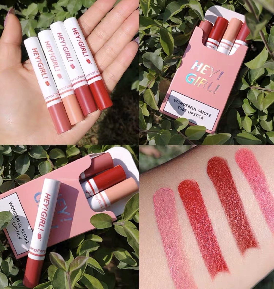 Long-Lasting Moisturizing Lipstick Set 4 Piece showcased with vibrant shades on hand and packaging.