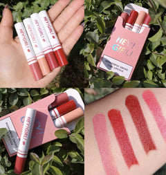 Long-Lasting Moisturizing Lipstick Set 4 Piece displayed with swatches on skin and packaging.