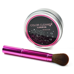 Silicone Makeup Brush Cleaner Mat Language and makeup brush in a compact cleaning tin.